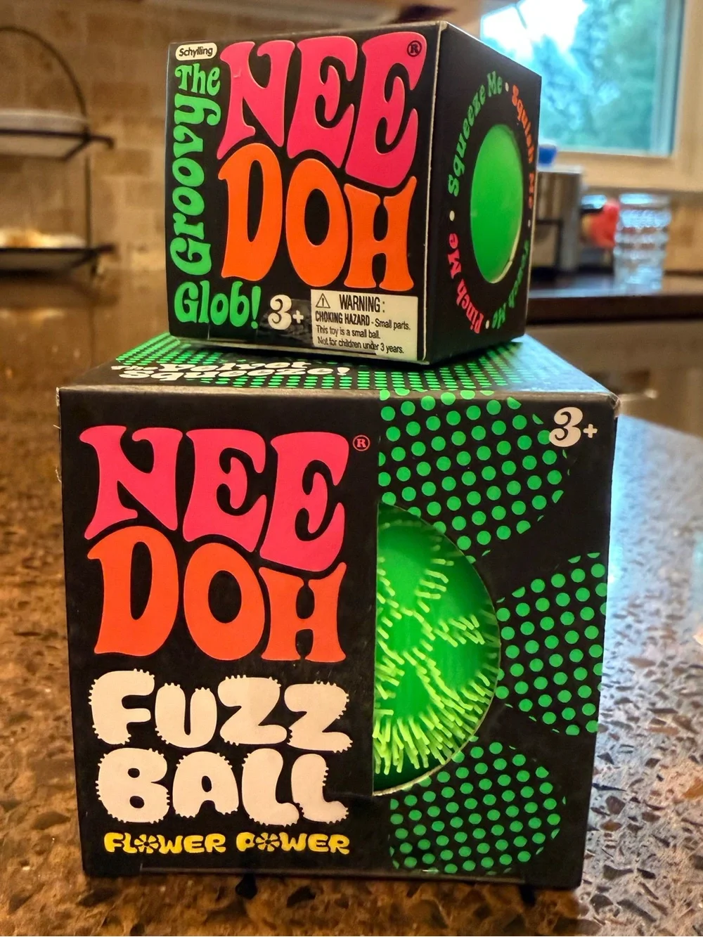Bundle- 2 PC- Schylling- NeeDoh Green Fuzz Ball Flower Power and Groovy Glob